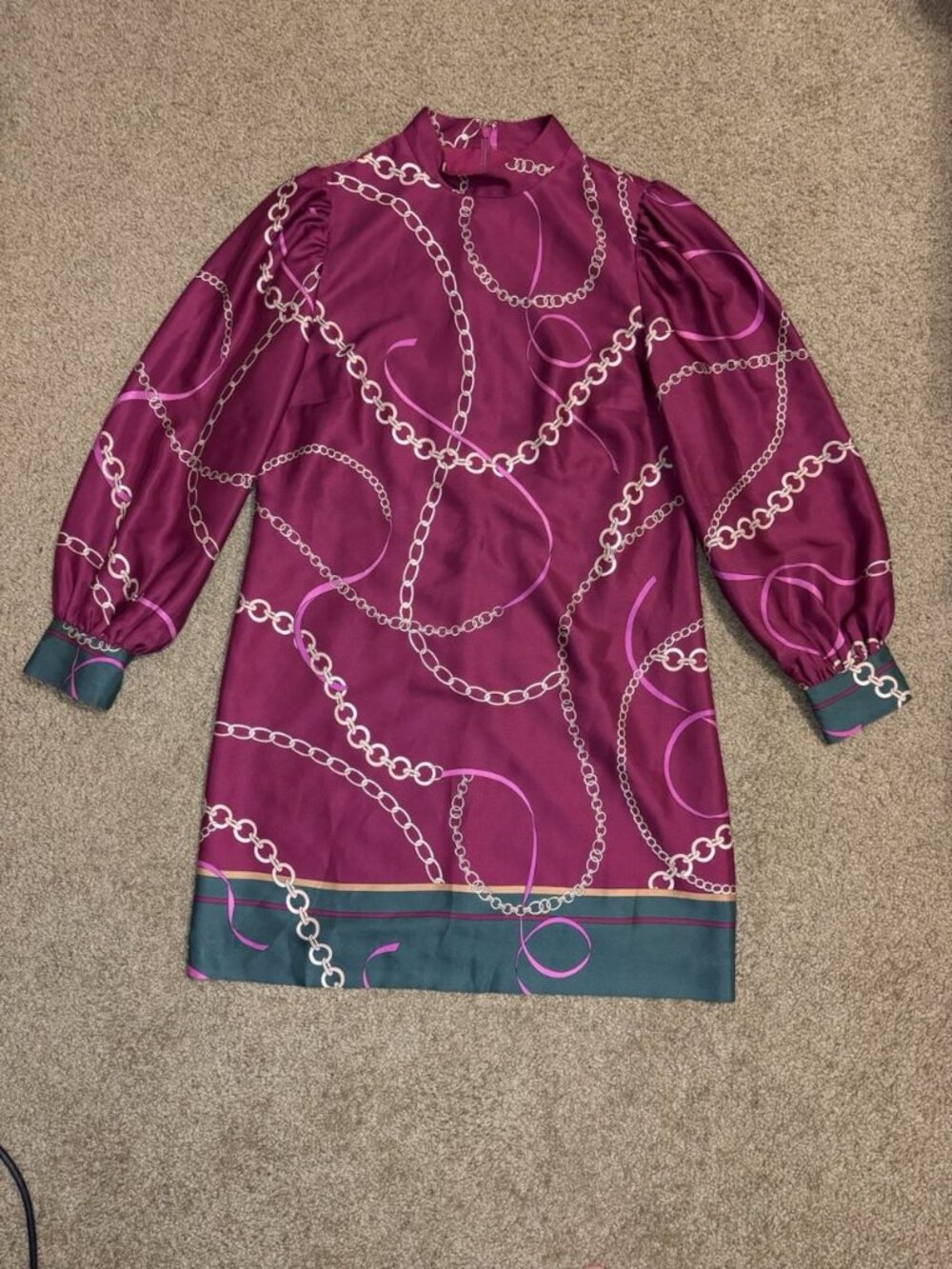 ANN TAYLOR Chain Print Tunic Dress Satin Puff Sleeve MEDIUM Quiet Lux Office - Picture 6 of 10